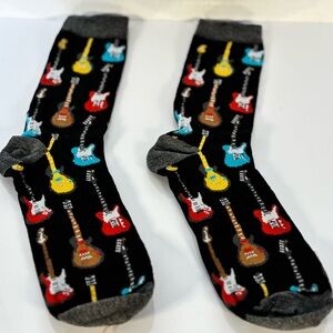 Men's Black Guitar Pattern Crew Socks - Multi-Color